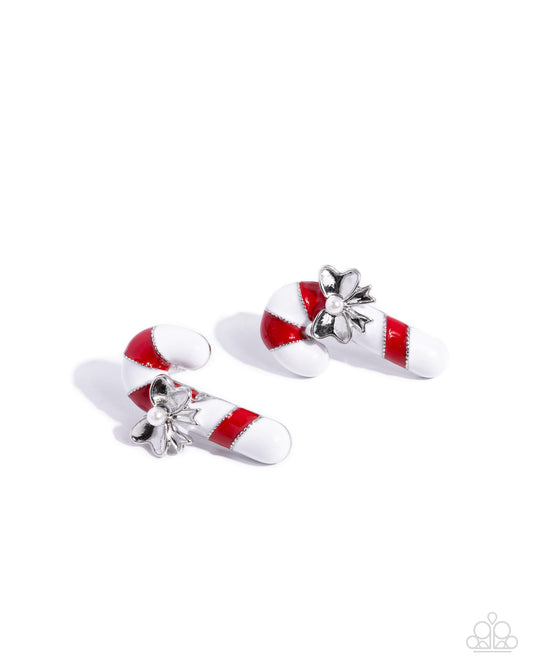Captivating Candy Cane red and white post earrings with silver bows and white pearl accents - Paparazzi Accessories at Jewelry by Bretta