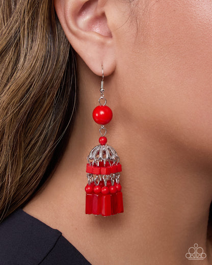 Chandelier Construction Red Beaded Fringe Earrings by Paparazzi Accessories