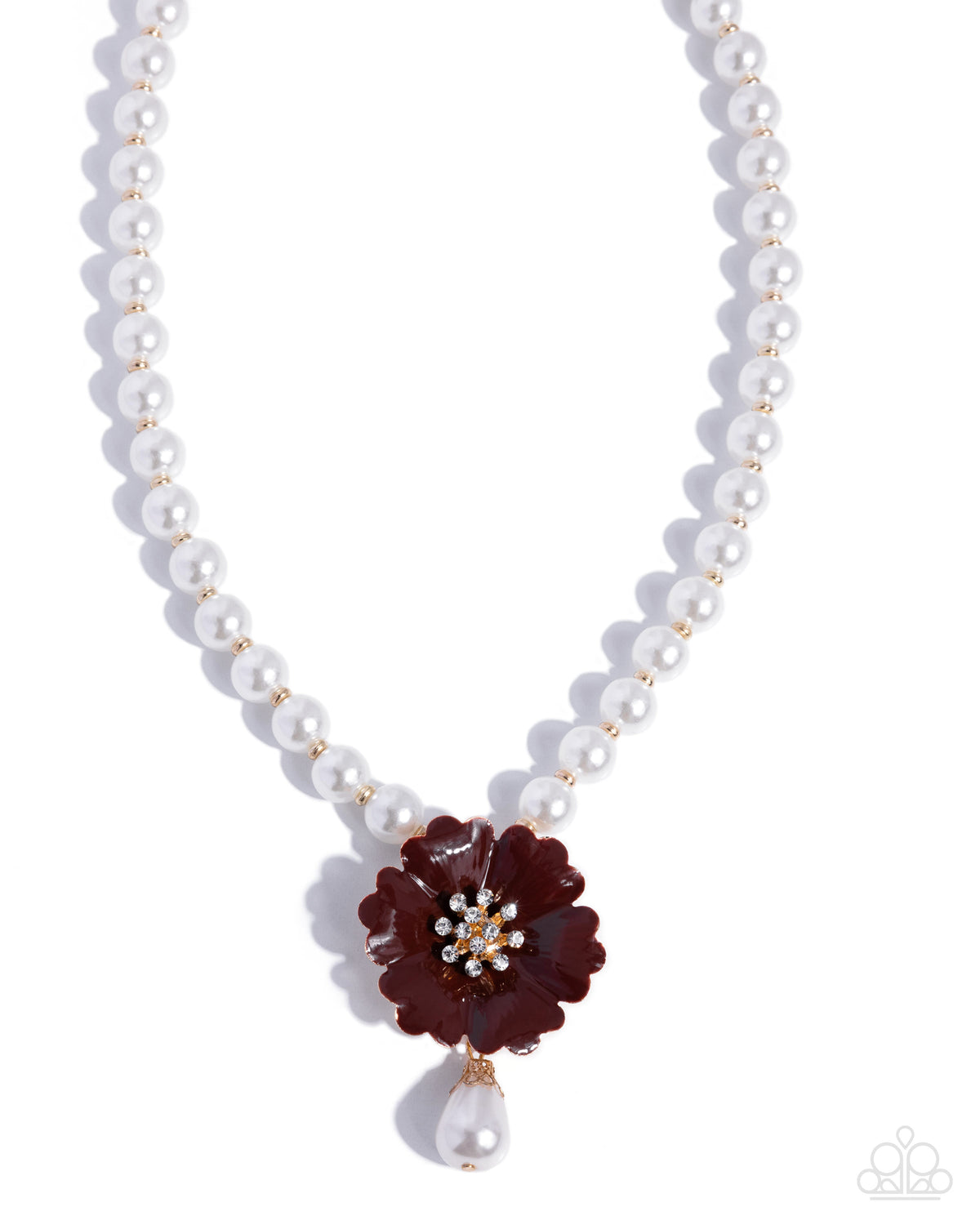 A pearl necklace with a dark burgundy flower pendant featuring a rhinestone center and a dangling pearl teardrop, shown on a white background.