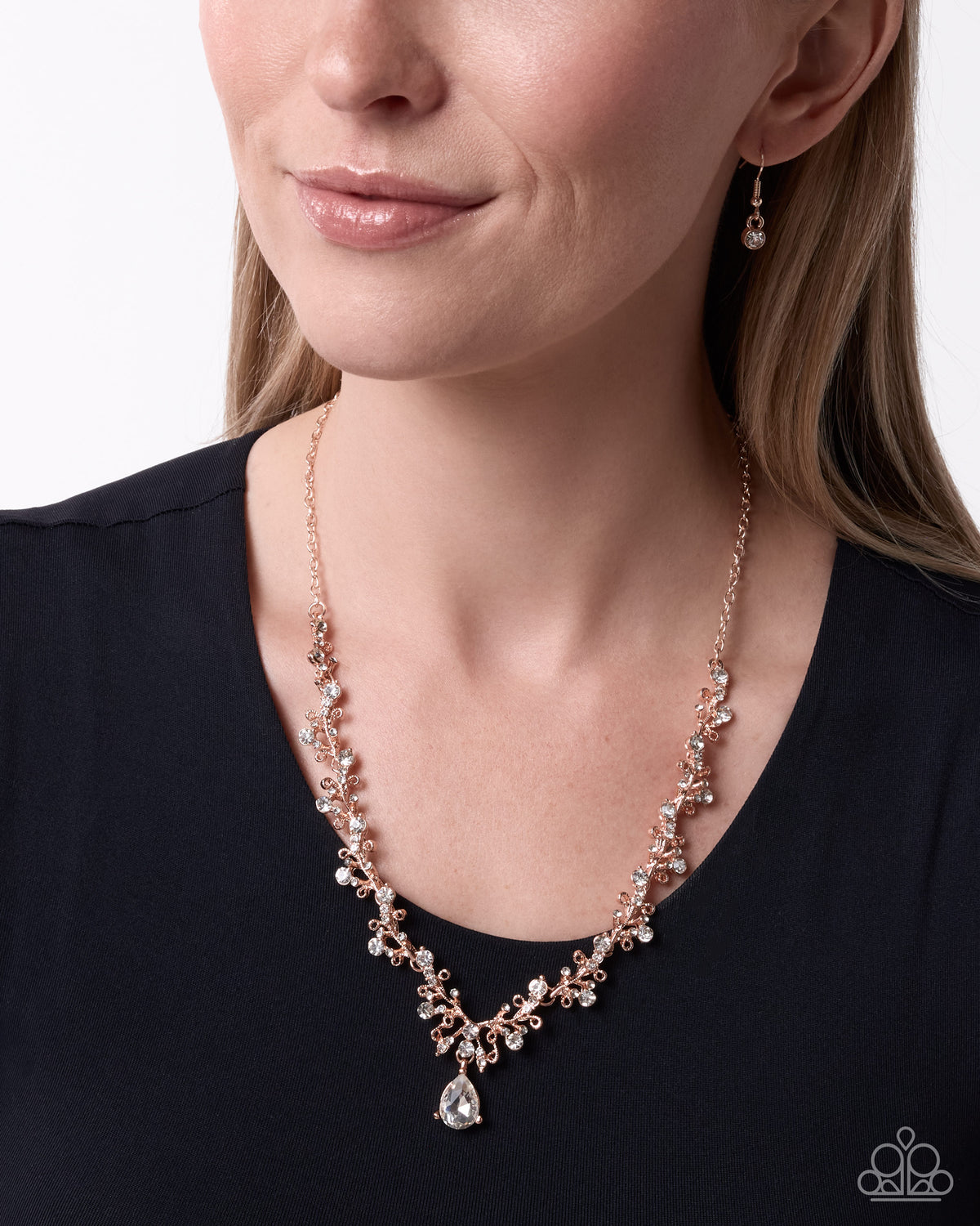Elegant Errand Rose Gold Teardrop Gem Necklace by Paparazzi Accessories at Jewelry by Bretta - product photo 2