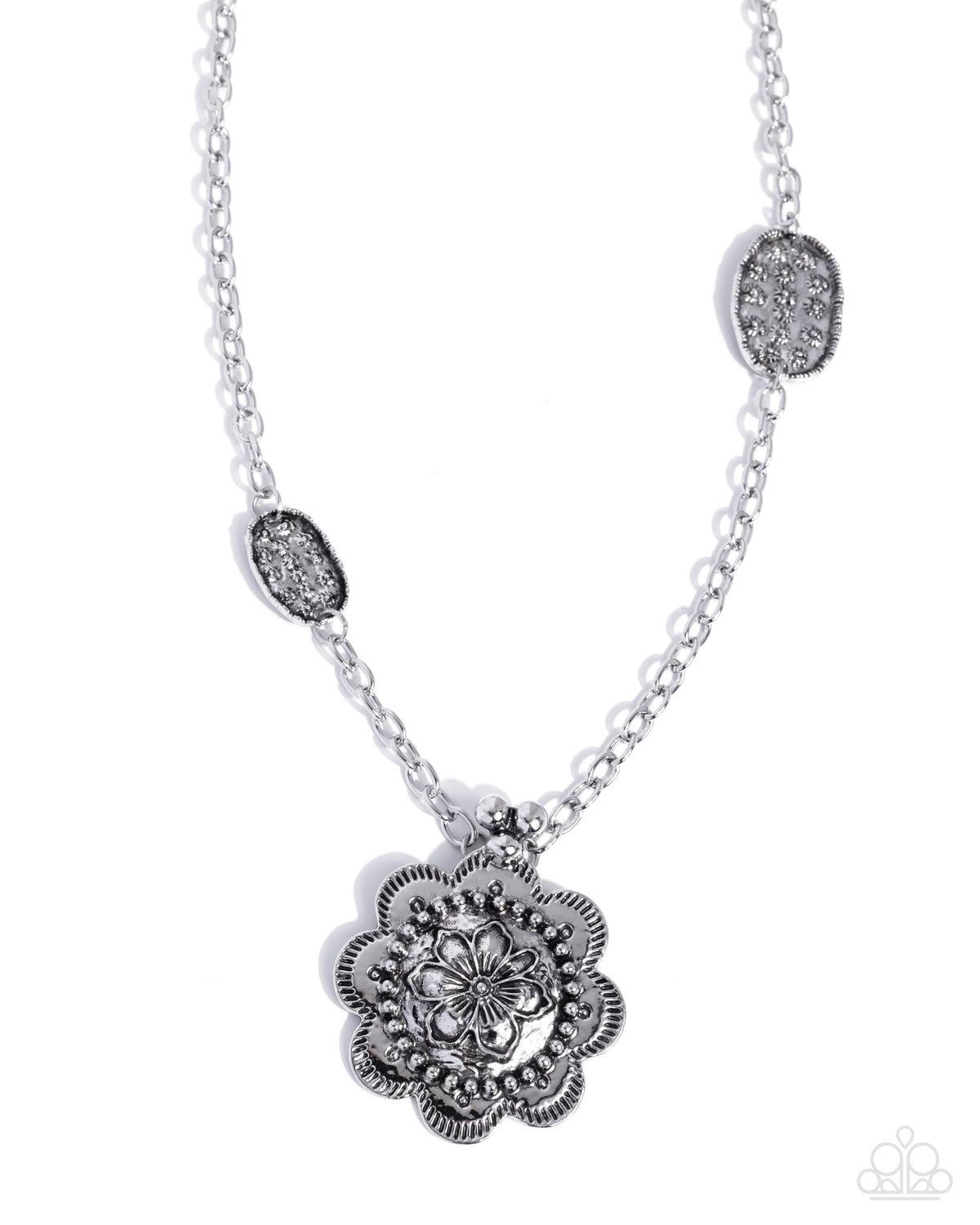 Paparazzi Sensational Spring textured silver floral pendant necklace, product image | Jewelry by Bretta