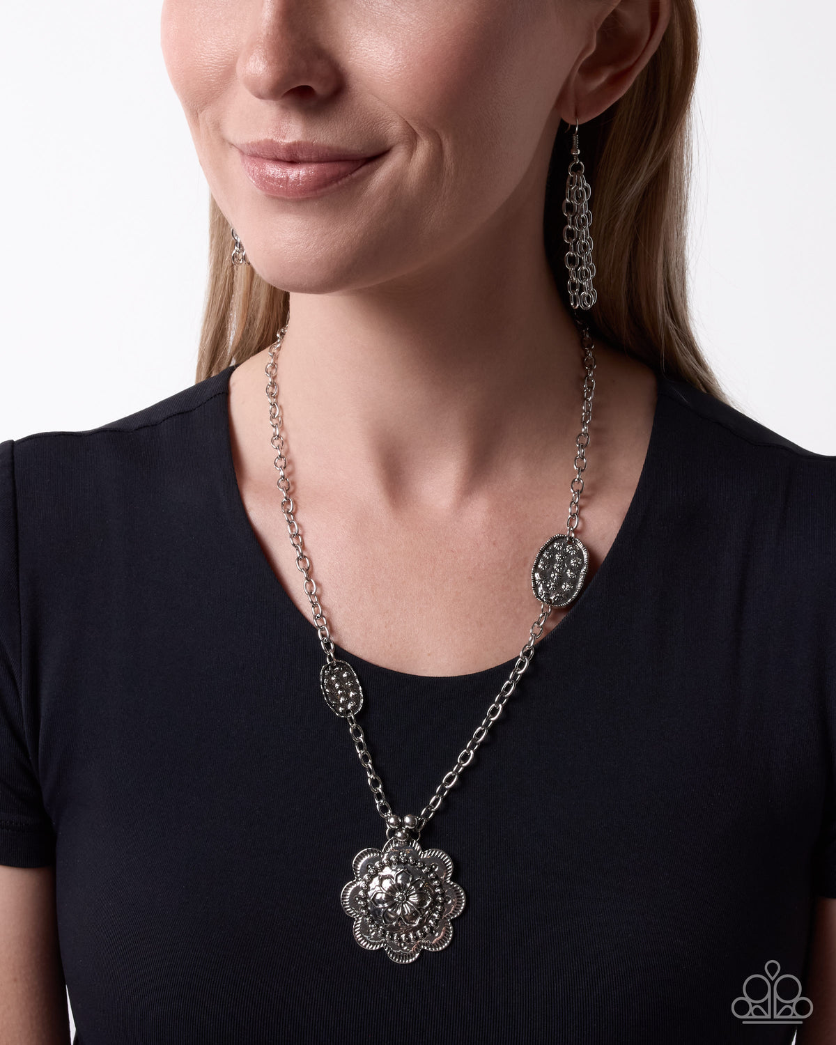 Paparazzi Sensational Spring textured silver floral pendant necklace, alternate image 2 | Jewelry by Bretta