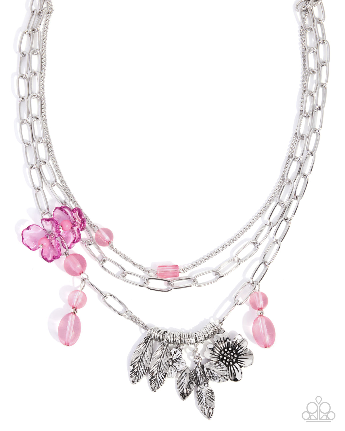 Paparazzi Futuristic Freestyle Pink floral layered silver necklace with matching earrings | Jewelry by Bretta, photo 4