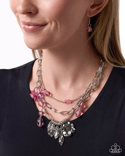 Paparazzi Futuristic Freestyle Pink floral layered silver necklace with matching earrings | Jewelry by Bretta, photo 2