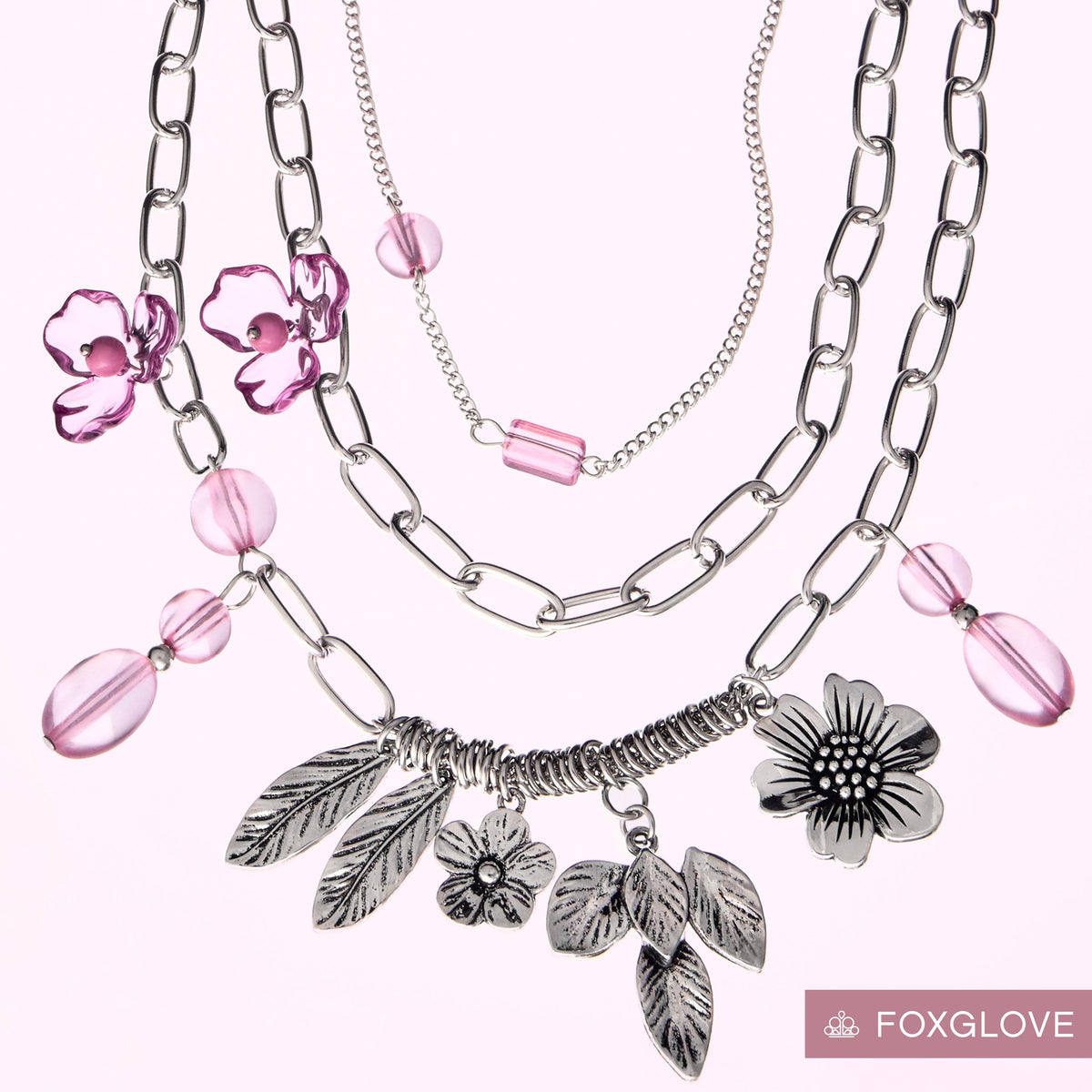 Paparazzi Futuristic Freestyle Pink floral layered silver necklace with matching earrings | Jewelry by Bretta, photo 3