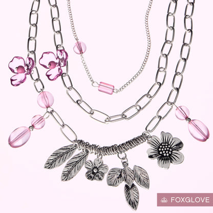 Paparazzi Futuristic Freestyle Pink floral layered silver necklace with matching earrings | Jewelry by Bretta, photo 3