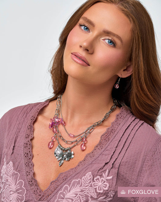 Paparazzi Futuristic Freestyle Pink floral layered silver necklace with matching earrings | Jewelry by Bretta, photo 1