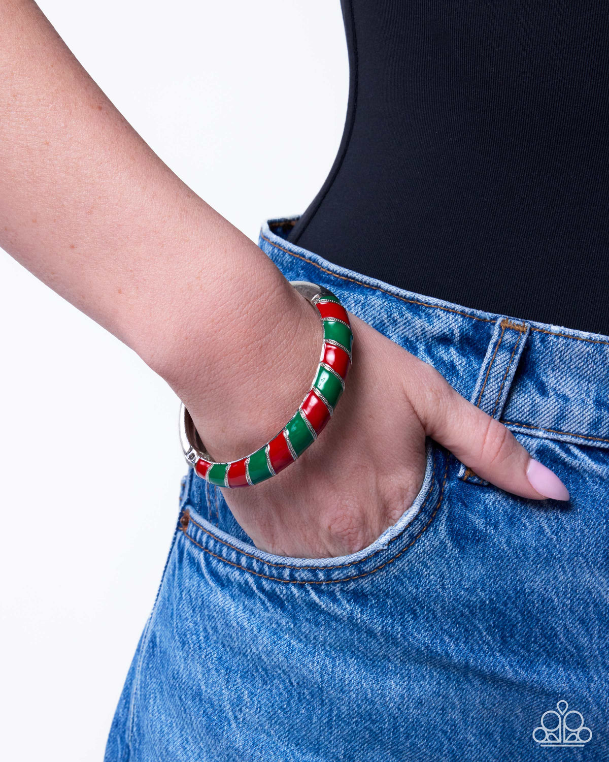 Wrapping Paper silver cuff bracelet with red and green stripes from Jewelry by Bretta
