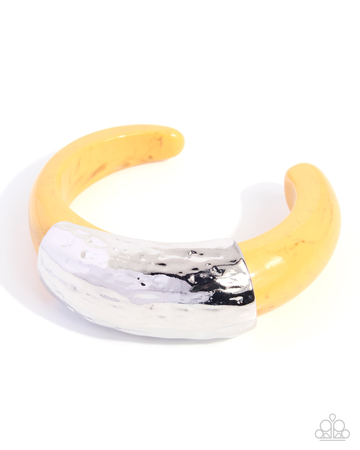 A chunky open cuff bracelet featuring a glossy pale yellow translucent material with a large, hammered silver-toned metal center, shown on a white background.