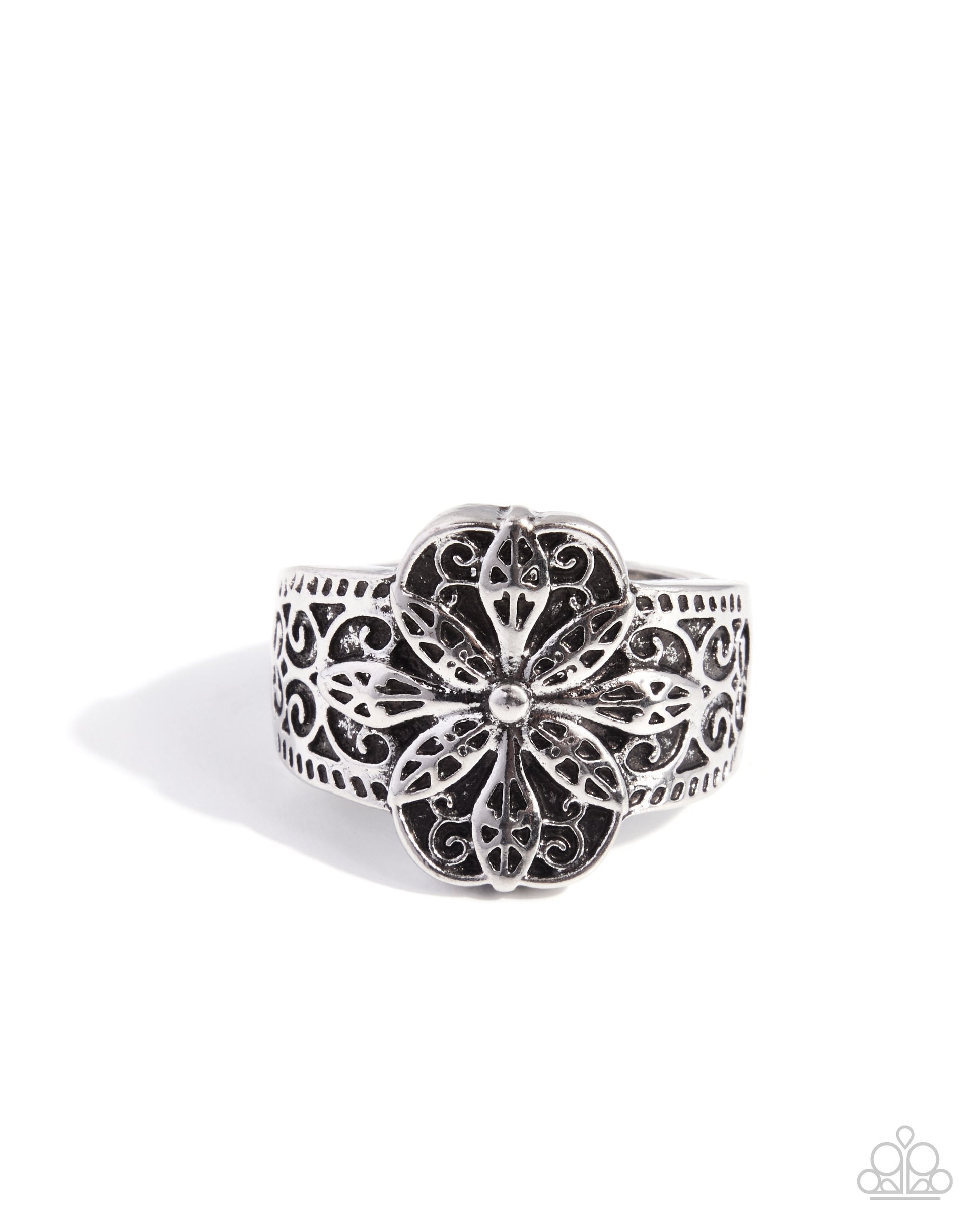 Whimsical Word silver filigree flower statement ring