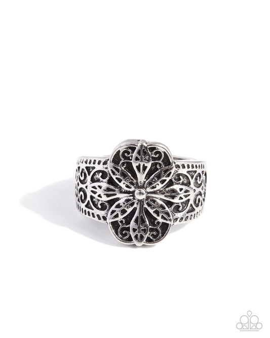 Whimsical Word silver filigree flower statement ring