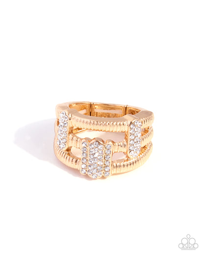 Melodic Merge gold rhinestone layered stretch ring