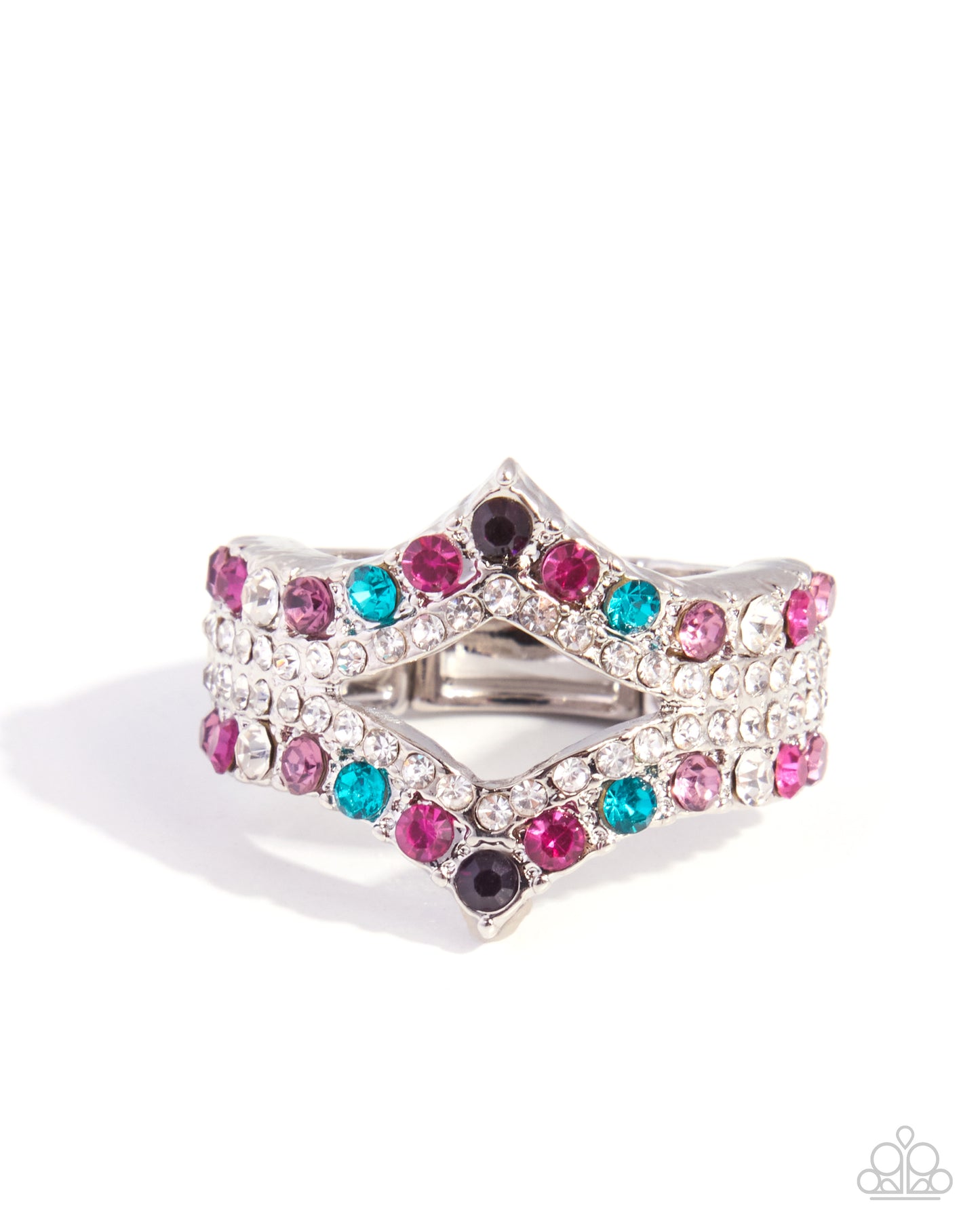 Crowning STORY purple multicolor rhinestone silver stretch ring