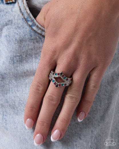 Crowning STORY purple pink white and blue rhinestone ring detail