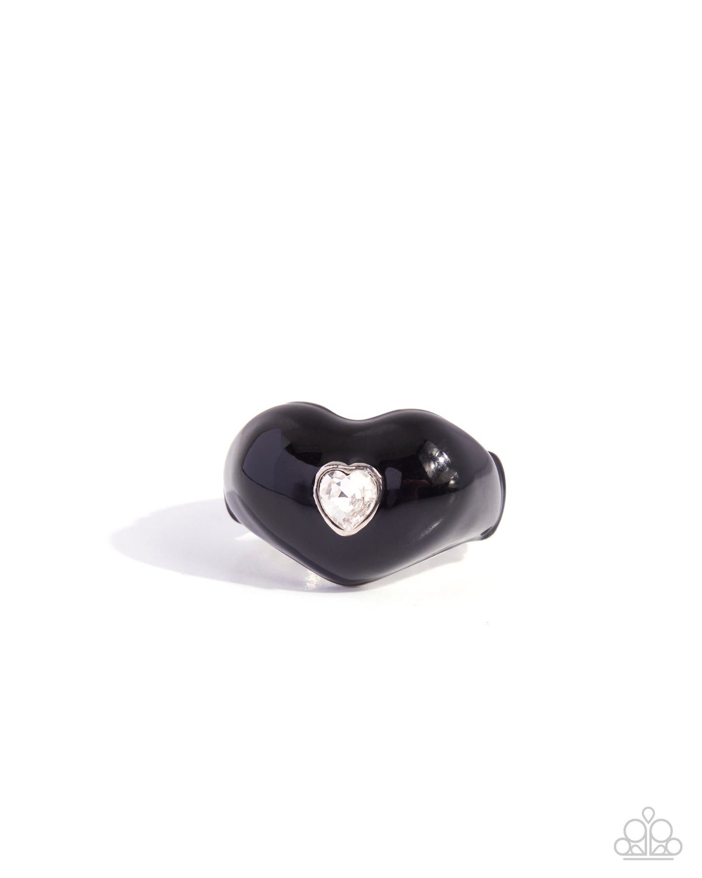 A glossy black heart-shaped ring with a small silver heart-shaped bezel holding a clear rhinestone, shown on a plain white background.