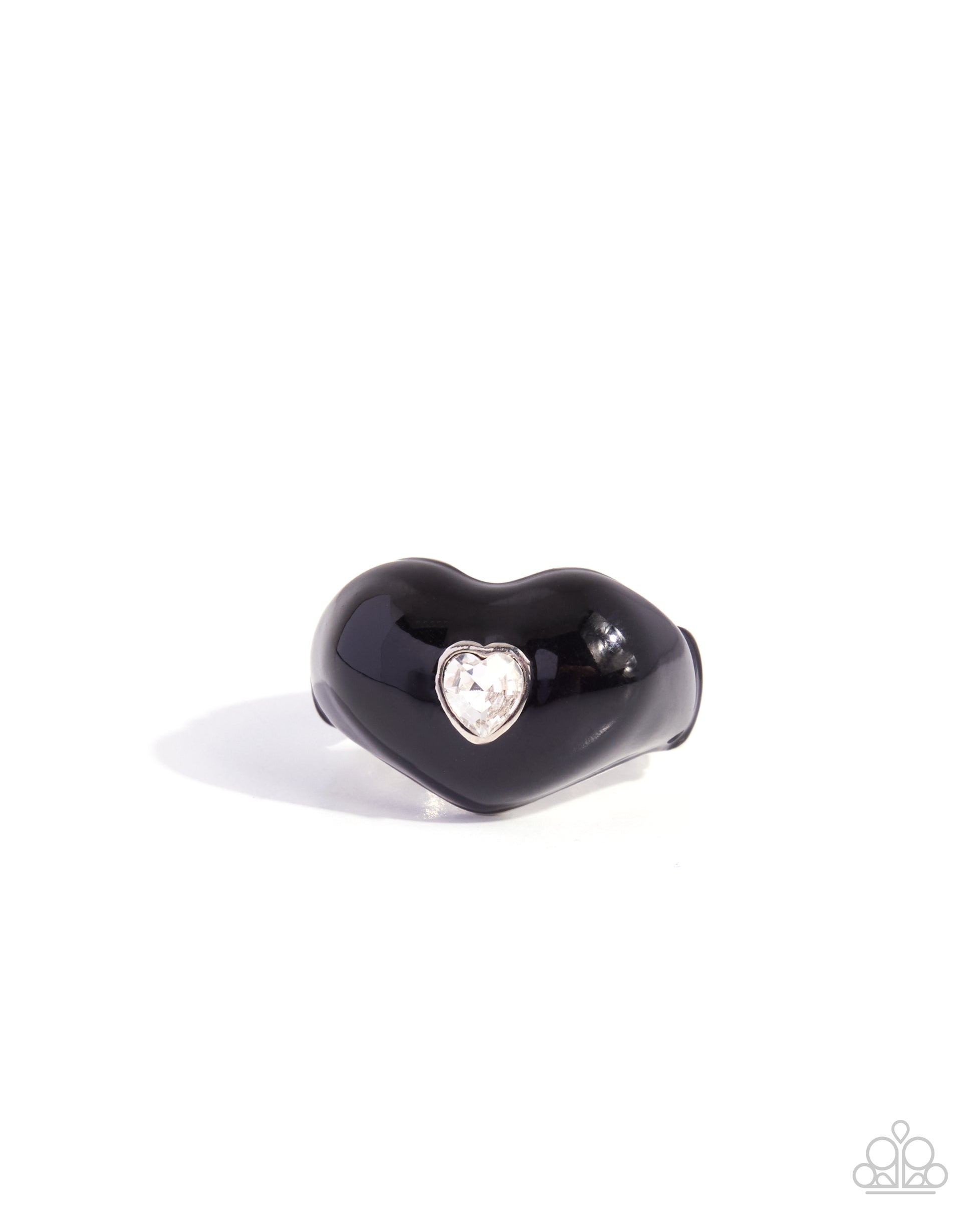 A glossy black heart-shaped ring with a small silver heart-shaped bezel holding a clear rhinestone, shown on a plain white background.