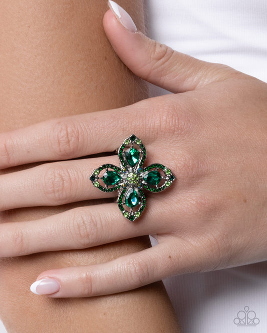 Whimsical Honor green petal stretch ring, rhinestone detail | Jewelry by Bretta