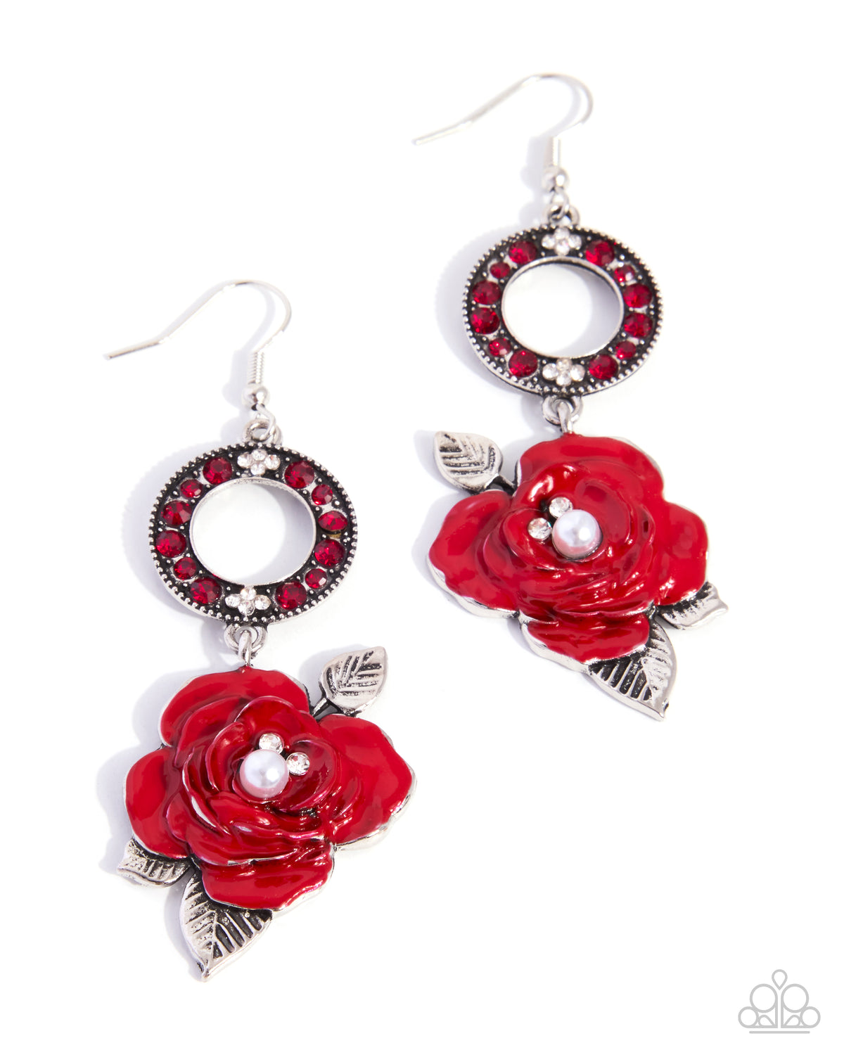 Floral Flare Red Rose Rhinestone Earrings by Paparazzi Accessories