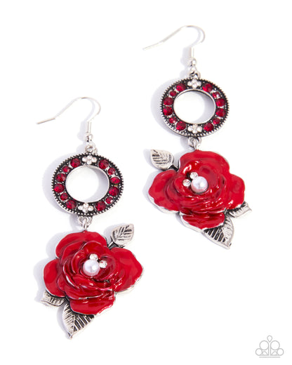 Floral Flare Red Rose Rhinestone Earrings by Paparazzi Accessories