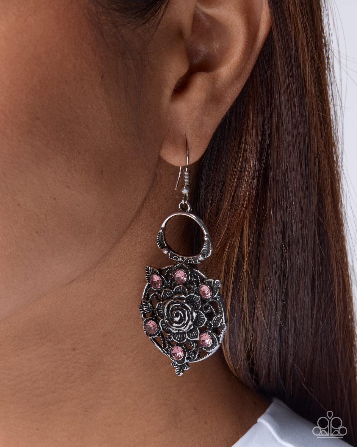 Paparazzi Garden Glissando pink rhinestone floral dangle earrings, alternate image 2 | Jewelry by Bretta