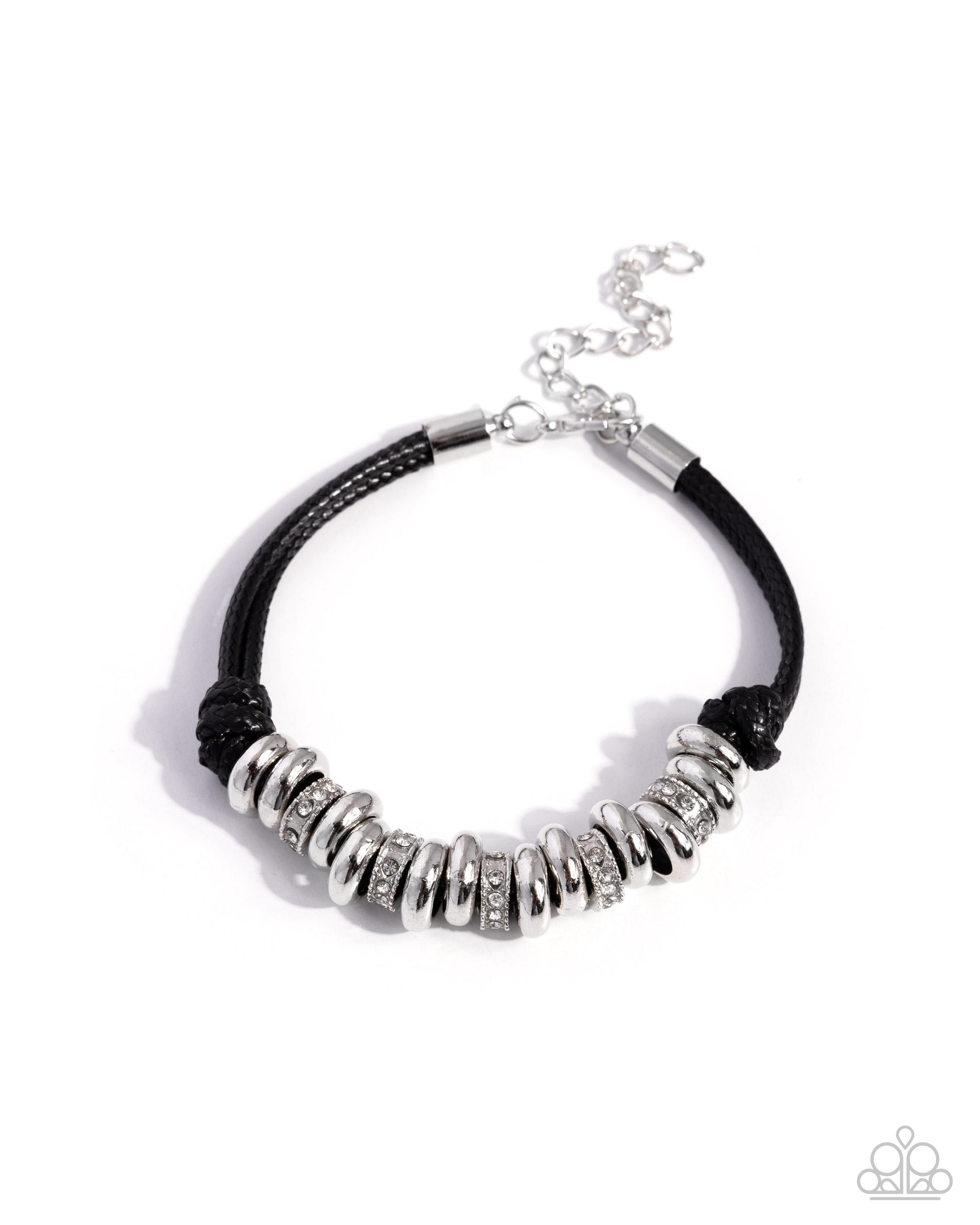 A black braided cord bracelet featuring a row of textured silver disc beads with clear rhinestones, a silver metal clasp, and an adjustable silver chain extender, shown on a white background.