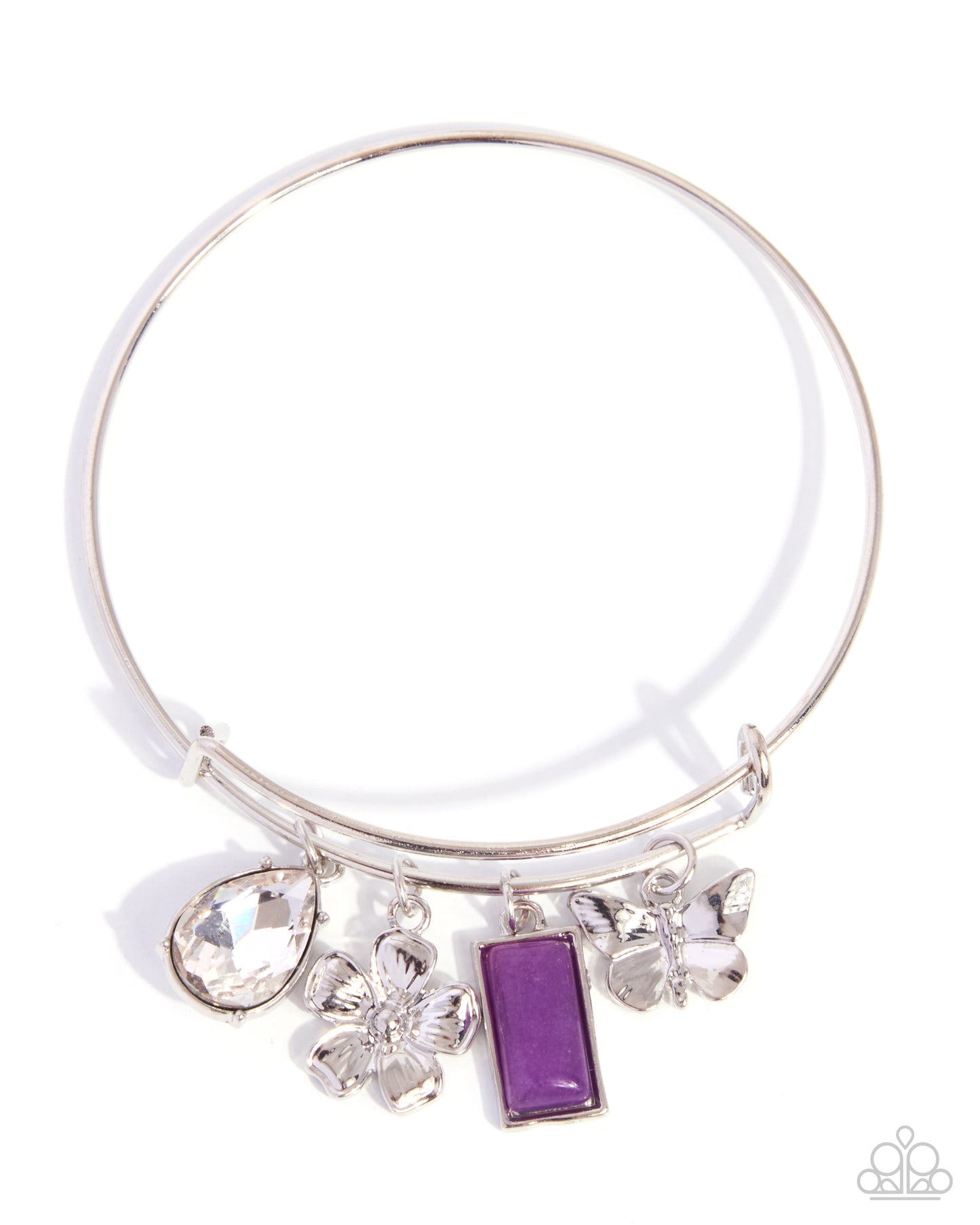 Whimsical Window silver bangle with purple gem butterfly and flower accents