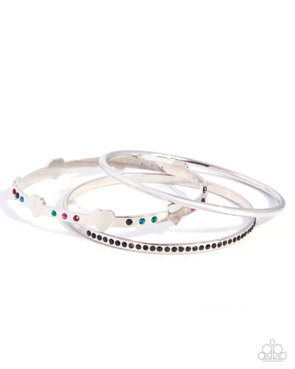 Romantic Request black multicolor rhinestone heart silver bangle bracelet set by Paparazzi Accessories