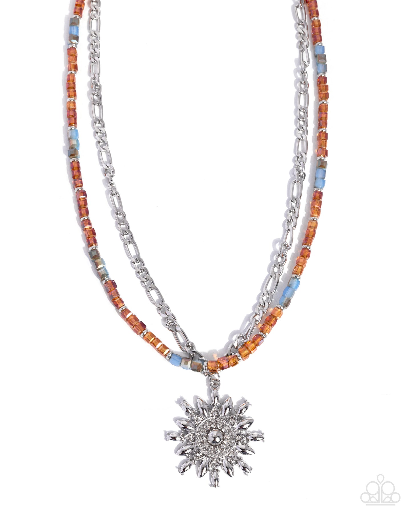 A double-strand necklace featuring a silver-tone sunburst pendant, a silver chain, and a beaded strand with orange, light blue, and gray beads on a white background.