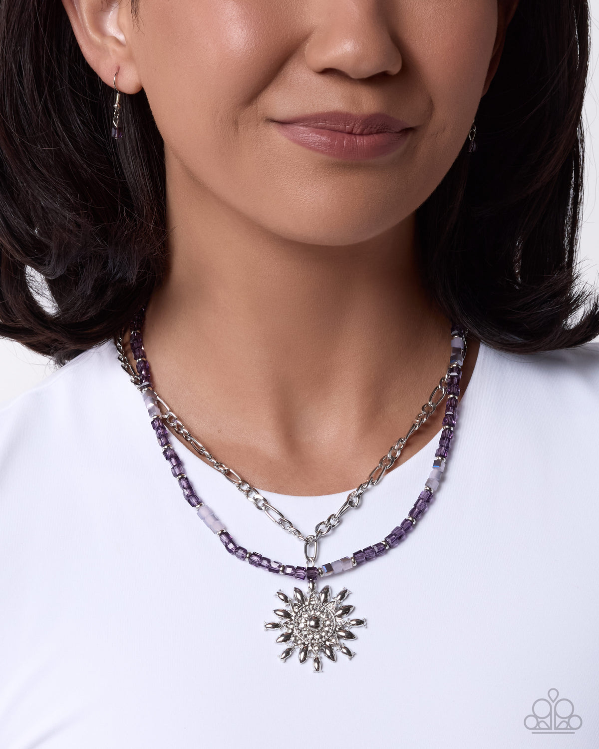 Sunburst Scene Purple Layered Pendant Necklace — alternate product view by Paparazzi Accessories at Jewelry by Bretta