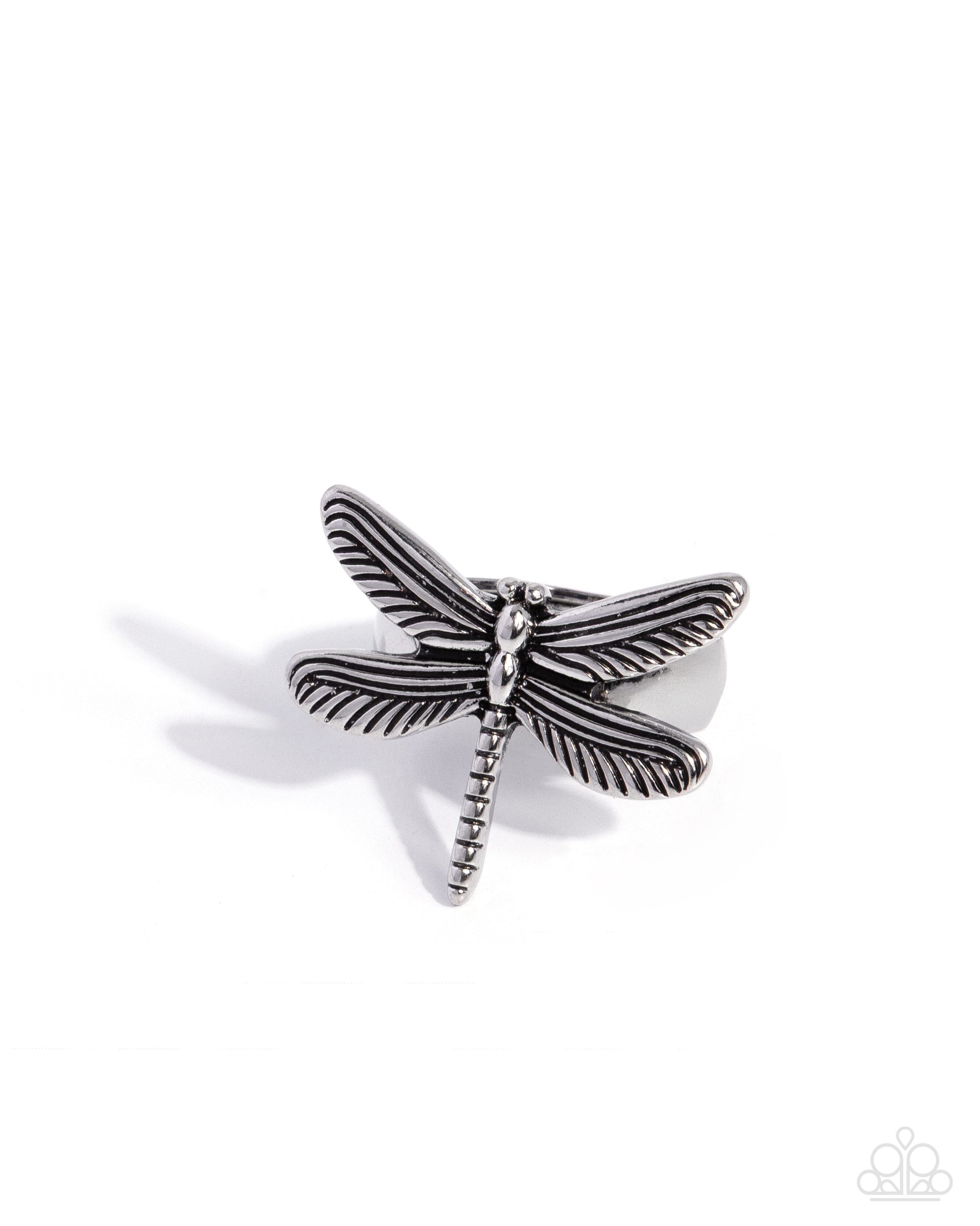 Descending Dragonfly silver statement ring front view
