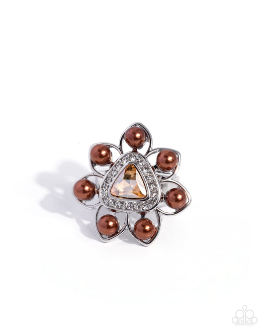 Straightforward Shimmer brown floral stretch ring by Paparazzi Accessories