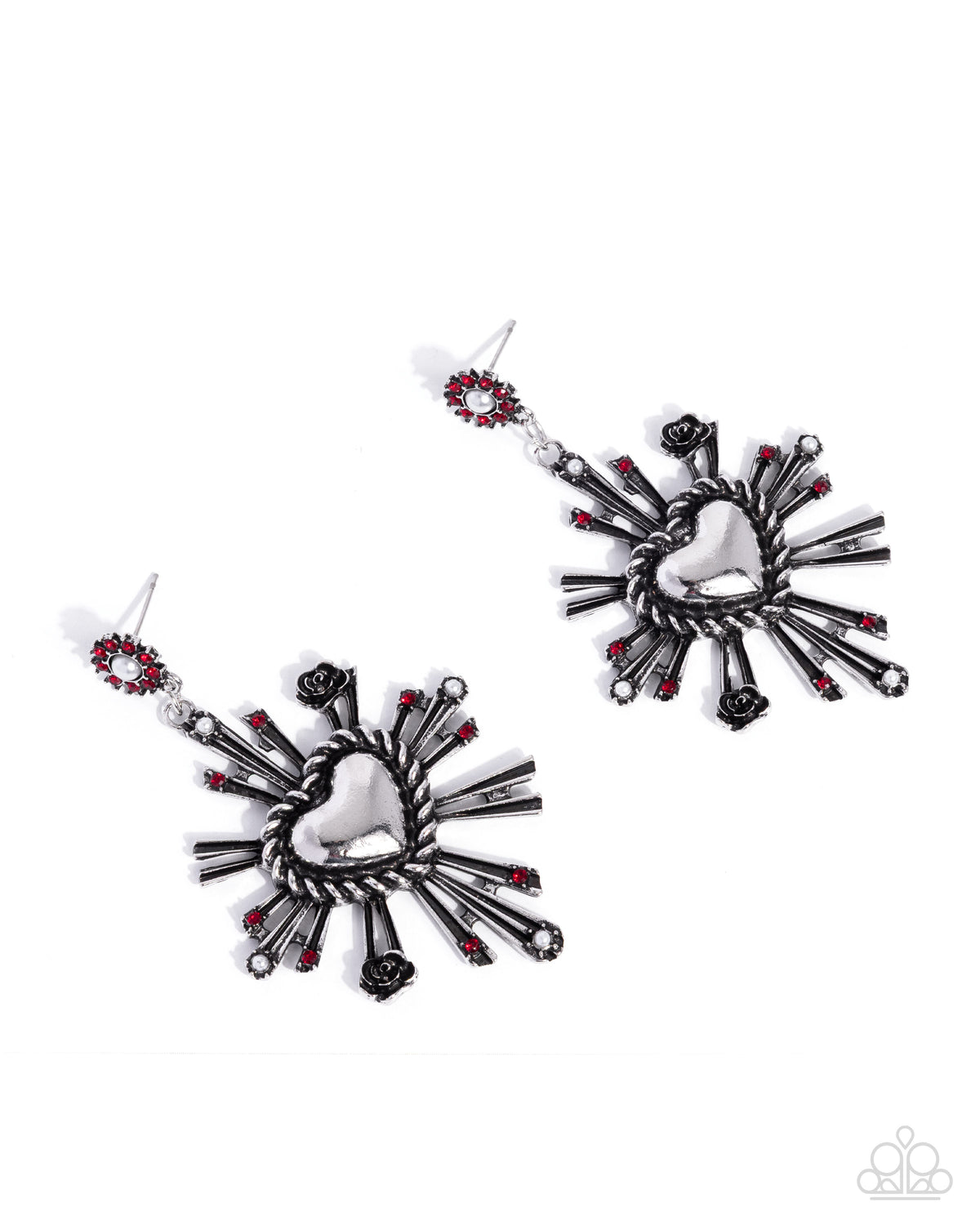 Structured Sunburst Red Pearl Heart Earrings by Paparazzi Accessories