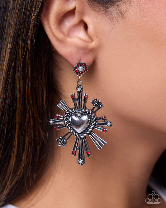 Structured Sunburst Red Pearl Heart Earrings by Paparazzi Accessories