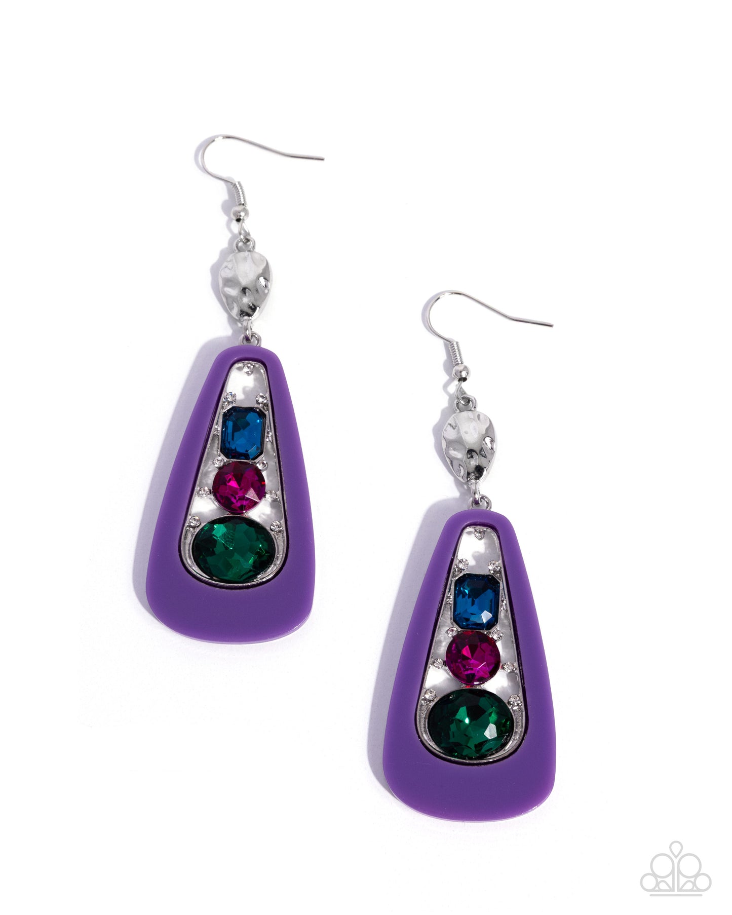 Crafted Collision purple fishhook earrings with colorful blue pink and green gems