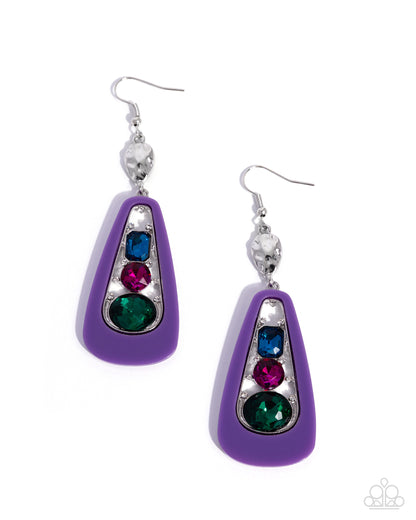 Crafted Collision purple fishhook earrings with colorful blue pink and green gems