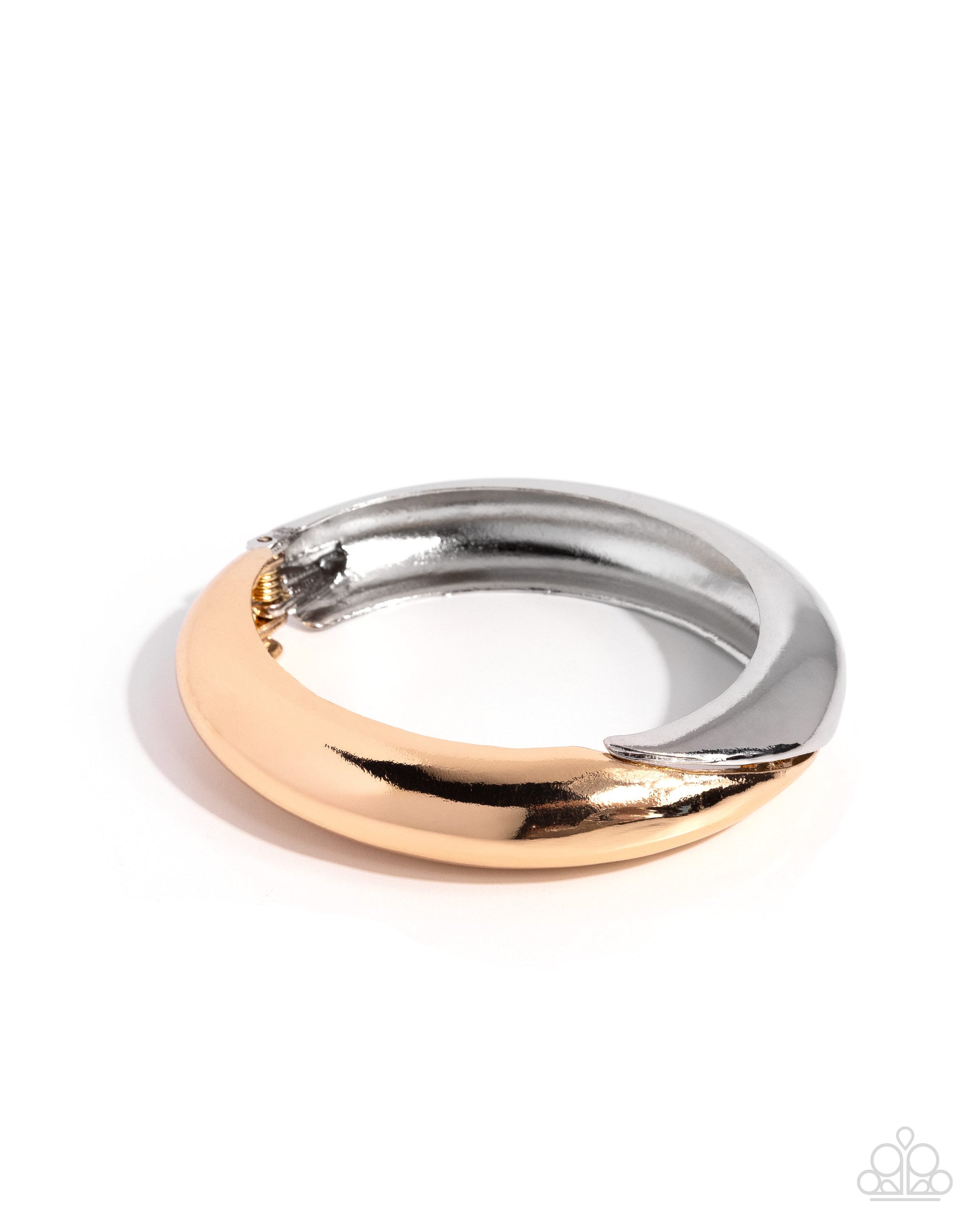 A two-tone metal ring with a polished silver outer band and a rose gold inner band, shown on a clean white background.