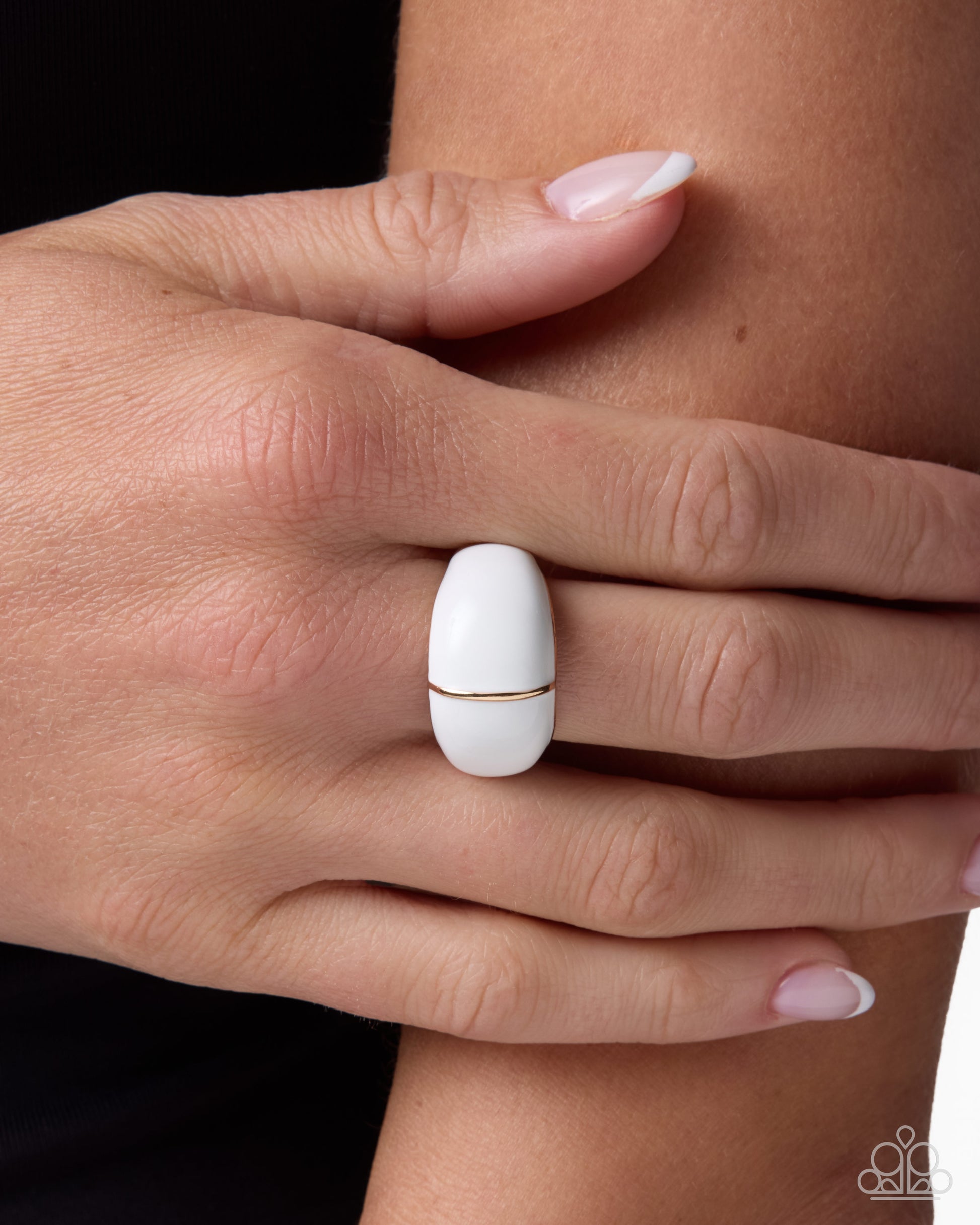 Compelling Company white statement ring with glossy band and gold bar accent by Jewelry by Bretta