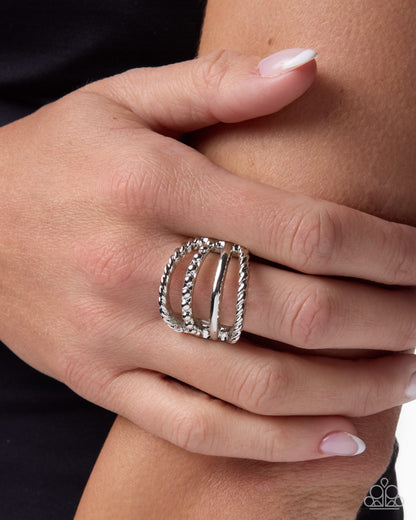 Layered Leisure Silver Textured Stretch Ring — alternate product view by Paparazzi Accessories at Jewelry by Bretta