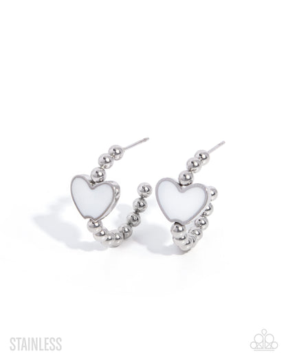Heartfelt Hierarchy White Heart Hoop Earrings - Paparazzi Accessories at Jewelry by Bretta