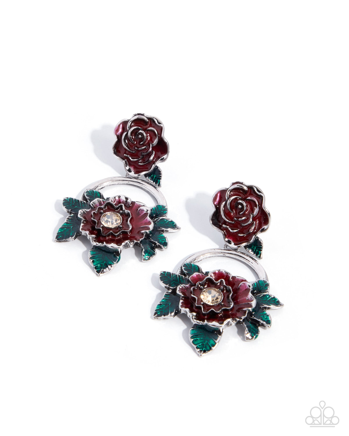 Red rose post earrings with green leaves and rhinestone centers - Paparazzi Accessories, Jewelry by Bretta