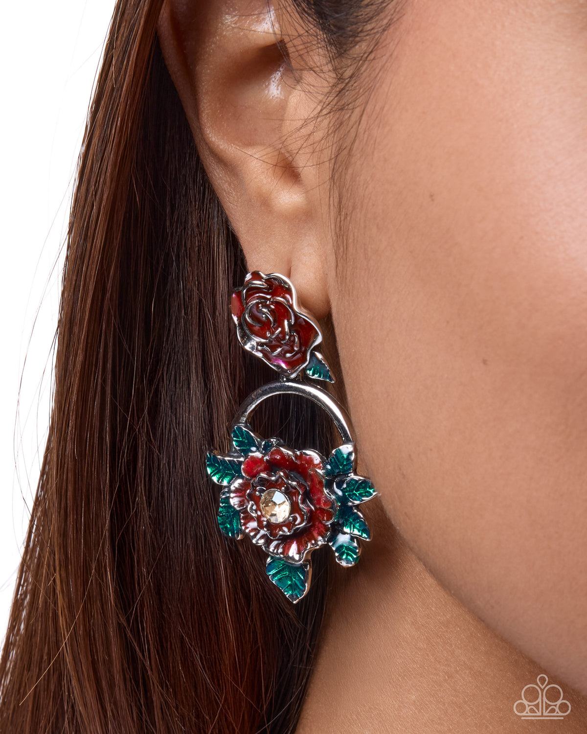Red rose post earrings with green leaves and rhinestone centers - Paparazzi Accessories, Jewelry by Bretta detail view