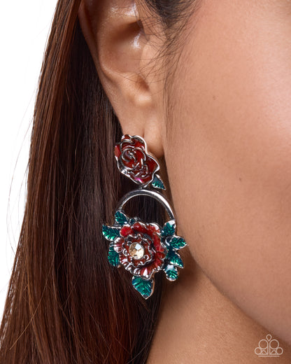 Red rose post earrings with green leaves and rhinestone centers - Paparazzi Accessories, Jewelry by Bretta detail view