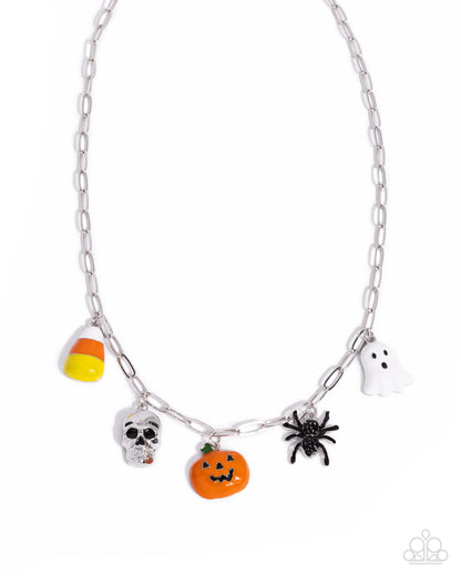 Multicolor Halloween charm necklace with candy corn, skull, pumpkin, spider and ghost charms