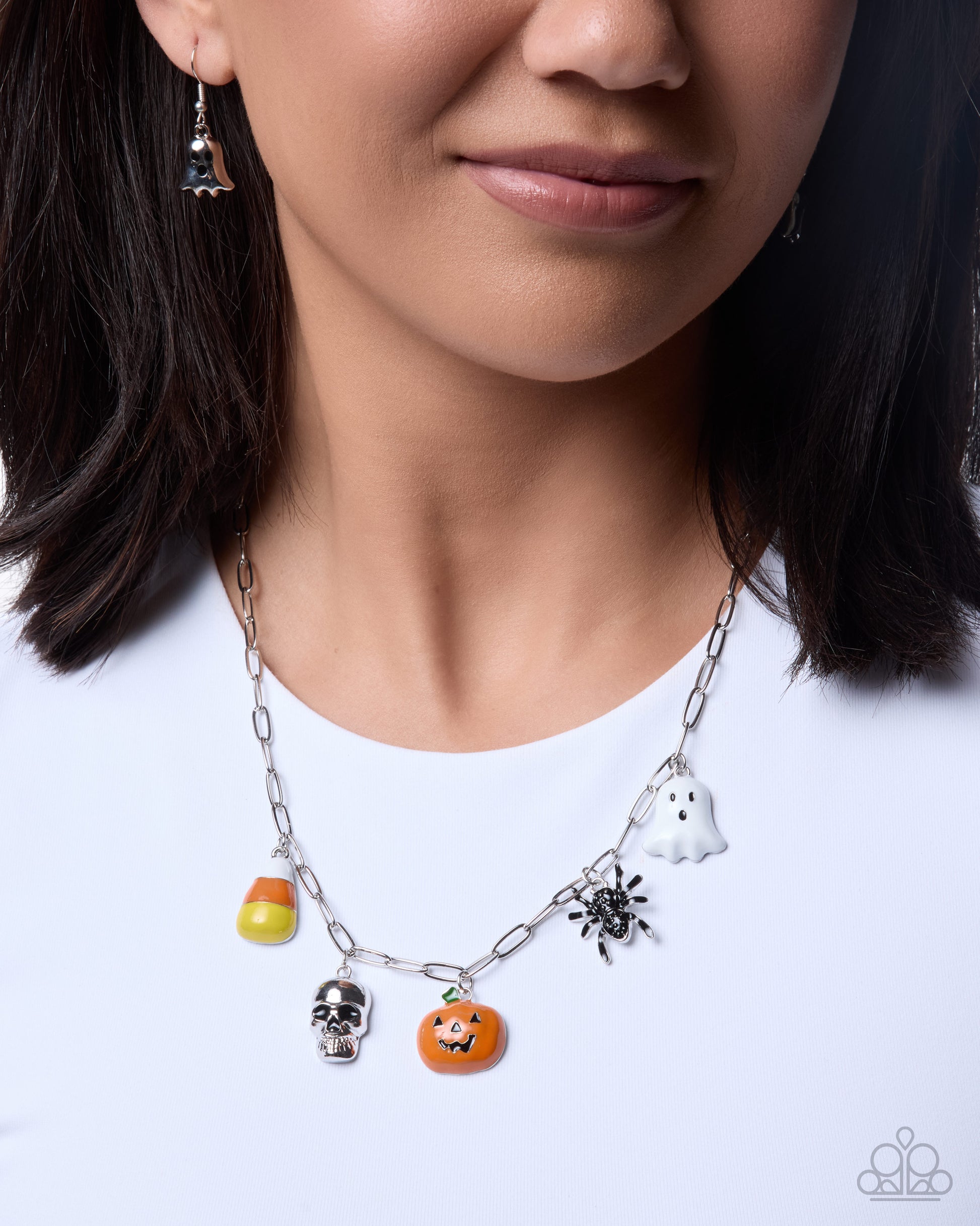 Silver Halloween charm necklace with spooky multicolor charms, alternate view