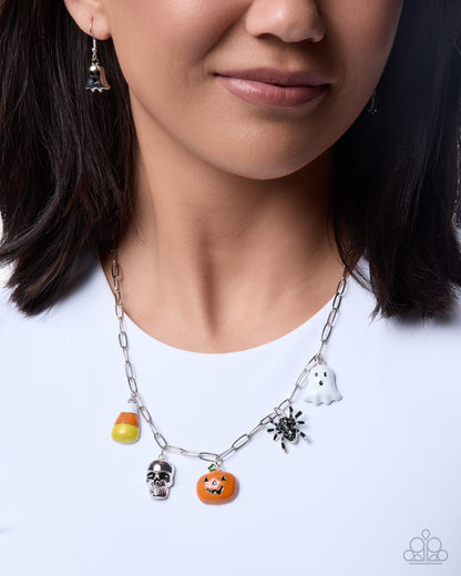 Silver Halloween charm necklace with spooky multicolor charms, alternate view