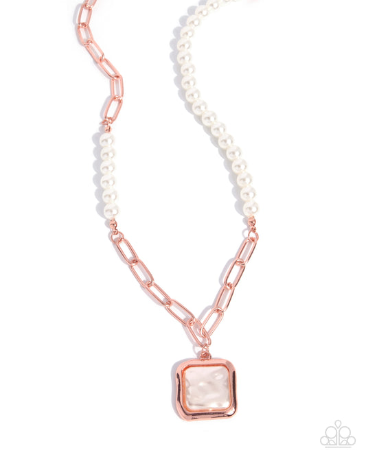 Smooth Square copper necklace with baroque white pearl