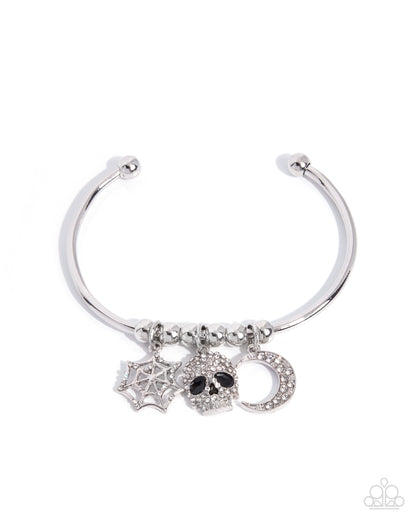 Halloween Habit silver cuff with skull spider web moon and white rhinestones