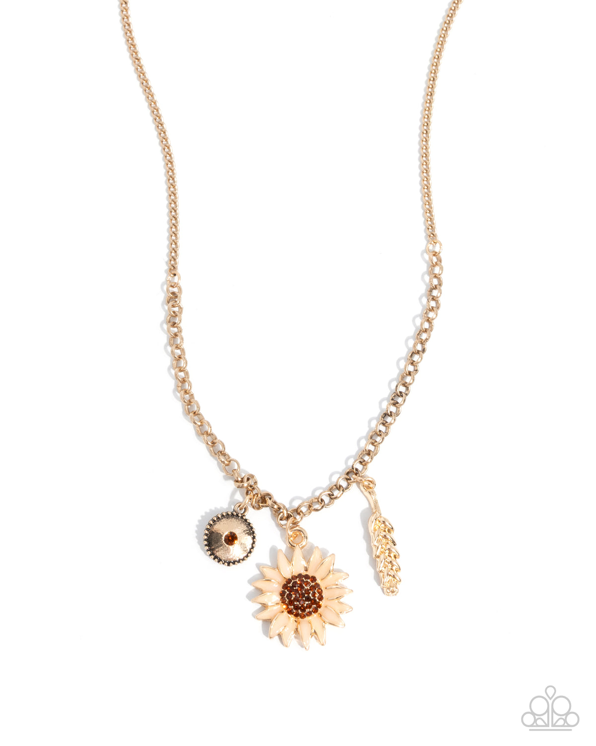 Adorable Appreciation gold sunflower charm necklace by Paparazzi Accessories