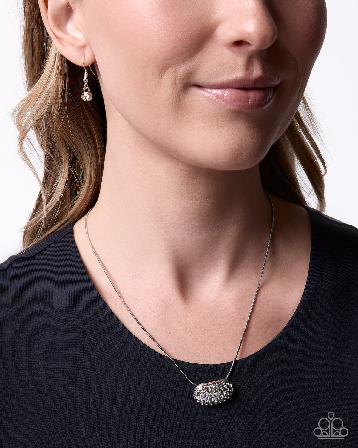 Trendy Tell white rhinestone pendant necklace by Paparazzi Accessories at Jewelry by Bretta - product photo 2
