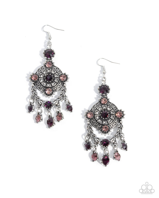 Melodic Map Purple Rhinestone Medallion Earrings by Paparazzi Accessories